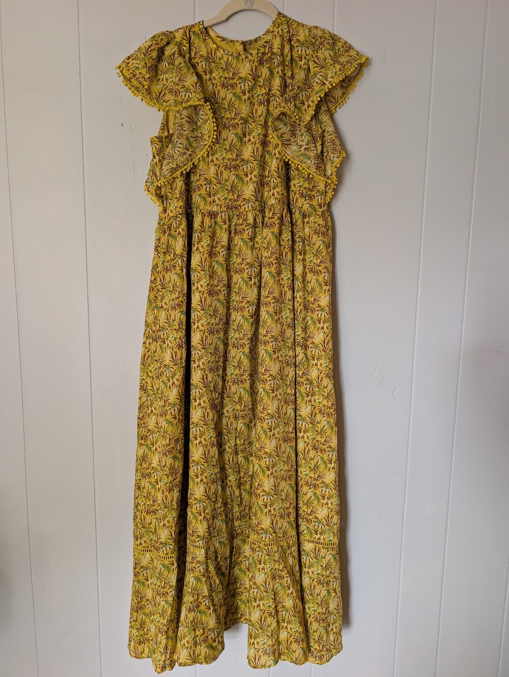 Ann Taylor Yellow Palm Ruffle Sleeve Maxi Dress